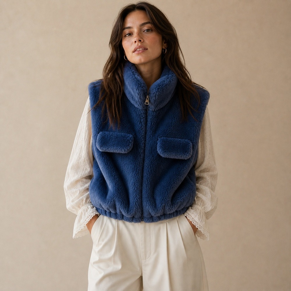Alesia Blue Faux Fur Cropped Vest One Size